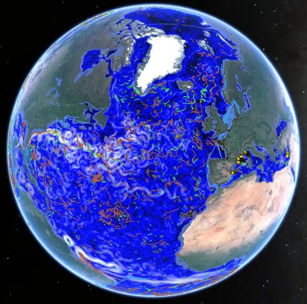 Position des observations présentes dans la base des données Coriolis en octobre 2014, surimposée à un instantané des courants à environ 100 m de profondeur produits par une réanalyse globale produites par Mercator Océan