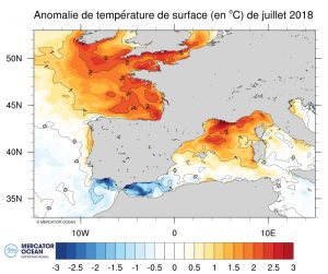 Anomalie des températures de surface de la mer du mois de juillet 2018 par rapport à la moyenne des mois de juillet des 12 années précédentes (Europe occidentale)., Figure 1 Sea surface temperature anomaly (1) for July 2018 compared to the July average of the previous 12 years (Western Europe).