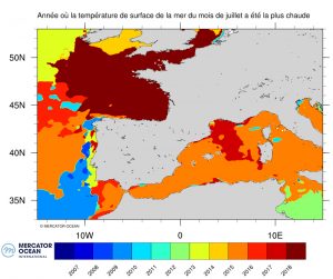 Figure 2 Années où les températures moyennes de surface de la mer du mois de juillet ont été les plus chaudes(Europe occidentale). Figure 2: Years with the warmest mean sea surface temperatures in July (Western Europe).