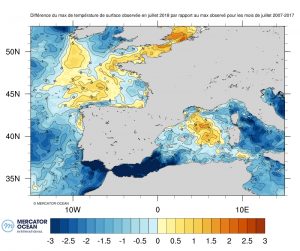 Figure 3 Différences des maximums de température de surface de la mer du mois de juillet 2018 moins les maximums de tous les mois de juillet de 2007 à 2017 (Europe occidentale). Figure 3: The difference between the maximum sea surface temperatures at each point on the map in July 2018 and the maximum temperatures observed in the months of July 2007 to 2017 (western Europe).