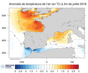 Anomolies de la température de l'air à 2m du mois de juillet 2018, air temperature anomaly at 2 meters from July 2018 (western Europe)