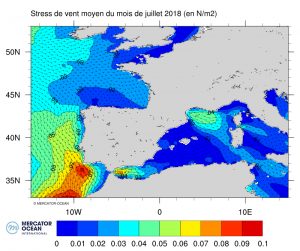 Figure 5 Energie transmise à l'océan par le vent moyen pour le mois de juillet 2018; Figure 5 Energy transmitted into the ocean by wind, the average for July 2018 (Western Europe).