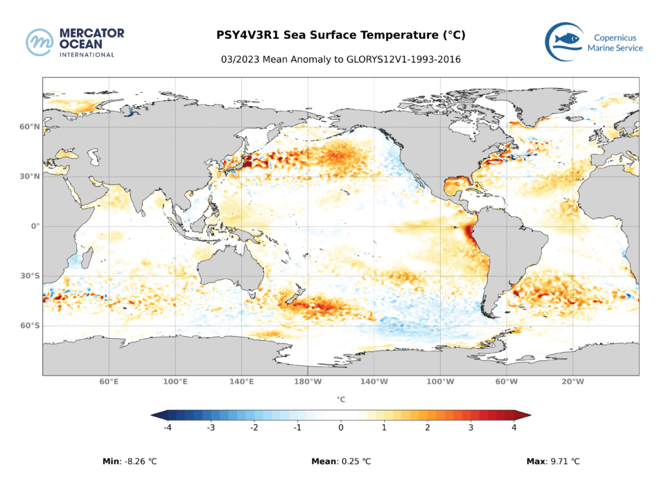Sea Surface temperature April 2023 Anomalies Mercator ocean