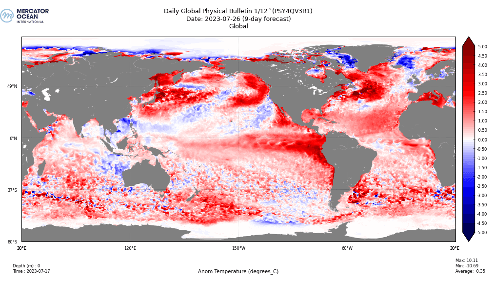 Sea surface temperature anomaly July18 9 day forecast July 26